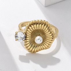 304ステンレススチールキュービックジルコニアカフリング（女性用）  パール付き  ラエルゴールド18k植え付け  花  20.5x18mm  内径：18.5mm&nbsp;RJEW-D302-02G-01