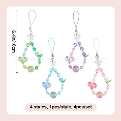 樹脂＆アクリル携帯ストラップ4個  ハートの蝶  ミックスカラー  160mm  4個/セット&nbsp;HJEW-DR00101