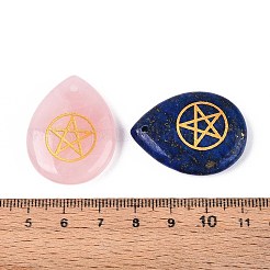 天然石&合成ミックスストーンペンダント  金の五芒星が彫られた涙型のチャーム  染めと未染色の混合  33x25x7.5~8mm  穴：1.6~1.8mm&nbsp;G-T142-46