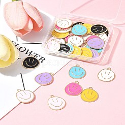 7色合金エナメルペンダント  カドミウムフリー＆鉛フリー  ゴールドカラー  フラットラウンド、笑顔のチャーム付き  ミックスカラー  24.5x19.5x1.5mm  穴：2mm  40個/セット&nbsp;ENAM-FS0002-05
