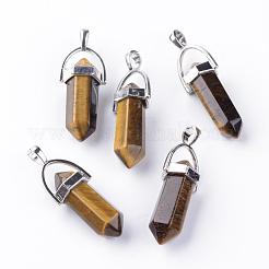 ナチュラルタイガーアイダブルエンドポインテッドペンダント  白金トーン合金パーツ  弾丸  35~42x11~13x7.5mm  穴：3.5x4.5mm&nbsp;G-S240-11