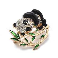 かわいいパンダ竹合金黒エナメルピンブローチ  クリスタルラインストーン付き  ゴールドカラー  35x27mm&nbsp;JEWB-C037-20G