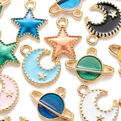72本合金エナメルペンダント  惑星＆星＆月＆星  ライトゴールド  ミックスカラー  12~16x13~16.5x2~3mm  穴：1.6~1.8mm  4色  6個/カラー&nbsp;ENAM-LS0001-51