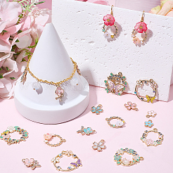 30 個 15 スタイル ラック メッキ合金エナメル ペンダント  ラインストーン付き  ゴールドカラー  花輪と花のチャーム  ミックスカラー  12.5~29.7x10~28.4x2~4.5mm  穴：1.2~2mm  2個/スタイル&nbsp;FIND-SC0021-88