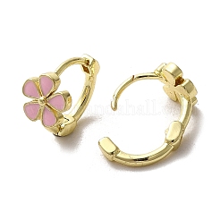 フラワーラックメッキ真鍮フープピアス  パールピンクエナメル付き  ゴールドカラー  12x13x7.5mm&nbsp;EJEW-A031-23G