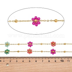 ガラスと304ステンレス鋼のアズキチェーン、ビーズチェーン  花  18KGP本金メッキ  ハンダ付け  イオンプレーティング（ip）  長持ちメッキ  カラフル  9x3mm  約16.40フィート（5m）/ロール&nbsp;SA-CBAD321-03C