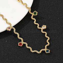 304ステンレススチールロープチェーン、カラフルなキュービックジルコニアタッセルネックレス（女性用）  ゴールドカラー  花  16.22インチ（41.2cm）&nbsp;NJEW-V015-01G-C