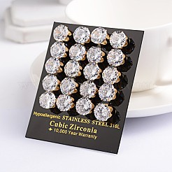 フラットラウンド 304 ステンレススチール キュービックジルコニア スタッド イヤリング  ゴールドカラー  透明  5mm  ピン：0.9mm&nbsp;EJEW-H306-35G-5mm