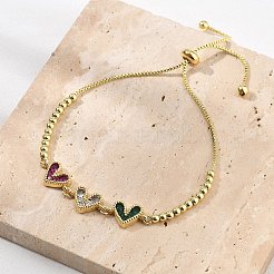 真鍮マイクロパヴェキュービックジルコニアスライダーブレスレット  女性用ボールチェーンブレスレット  ハート  18KGP本金メッキ  10-1/4インチ（26cm）&nbsp;BJEW-S163-01B-G