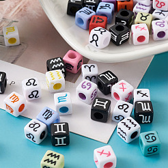 アクリルヨーロッパのビーズを作る  大穴キューブビーズ  星座/星座/文字付き  ミックスカラー  7x7x7mm  穴：4mm  6色  80個/カラー  480個/セット&nbsp;OPDL-PJ0001-01