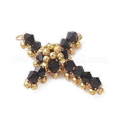 ガラスシードビーズペンダント  クロスチャーム  304ステンレス鋼とガラスを使用  18KGP本金メッキ  多面カット  ブラック  31x25x7mm  穴：3mm&nbsp;PALLOY-MZ01287-01