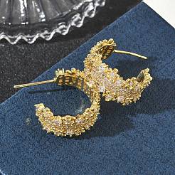 C字型真鍮＆クリアキュービックジルコニアスタッドピアス  レース模様の女性用  18KGP本金メッキ  19x10.5mm&nbsp;KK-CBA36A2-02G