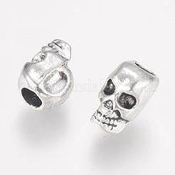 合金ヨーロピアンビーズ  大穴ビーズ  スカル  アンティークシルバー  12x9x7.5mm  穴：4mm&nbsp;PALLOY-S079-035AS