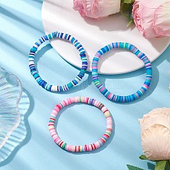 3個 3色ポリマー粘土ディスクビーズストレッチブレスレットセット  女性用スタッカブルブレスレット  ミックスカラー  内径：2-3/8インチ（6.1cm）  6mm  1pc /カラー&nbsp;BJEW-JB10440-02