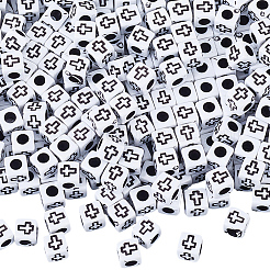 1000個クラフトスタイルアクリルビーズ  十字架付きキューブ  ホワイト  6x6x6mm  穴：3mm&nbsp;MACR-PA0001-77