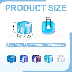 360個5色電気メッキガラスビーズ  ABカラーメッキ  多面カット  キューブ  ミックスカラー  6x6x6mm  穴：1mm  72個/カラー&nbsp;EGLA-PH0001-98