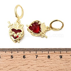 ハート型の真鍮ガラスフープピアス  長持ちメッキ  カドミウムフリー＆鉛フリー  ゴールドカラー  32.5x15mm&nbsp;EJEW-P333-09E-G