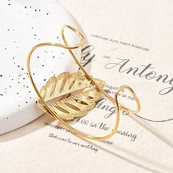 イオンプレーティング（IP）304ステンレススチール製女性用カフバングル  葉  18KGP本金メッキ  内径：2-5/8インチ（6.55cm）&nbsp;BJEW-A026-05G
