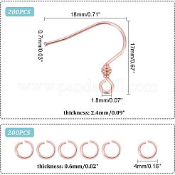 304ステンレススチールピアスフック200個  水平ループと200個の丸カン付き  ローズゴールド  17x18x2.4mm  穴：1.8mm  21ゲージ  ピン：0.7mm&nbsp;DIY-UN0003-79