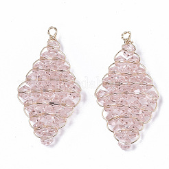 ガラスチャーム  ワイヤーラップペンダント  18KGP本金メッキ真鍮線  ニッケルフリー  菱形  ピンク  30x16x3.5mm  穴：1.5mm&nbsp;KK-S354-003A-NF