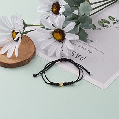 ユニセックス調節可能なナイロン糸編組ビーズブレスレット  金メッキ真鍮ハートビーズ付き  ブラック  内径：5/8~3-1/2インチ（1.5~9cm）&nbsp;BJEW-JB05832-01