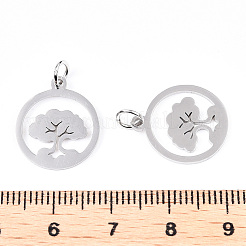変色しない304ステンレススチールペンダント  丸カン付き  命の木とフラットラウンド  ステンレス鋼色  17.5x15x1mm  穴：3.2mm&nbsp;STAS-N103-03P