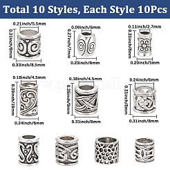 100 個 10 スタイルのチベットスタイル亜鉛合金ビーズ  コラム  アンティークシルバー  6~10x5~8mm  穴：2.7~6mm  10個/スタイル&nbsp;FIND-SP0005-90