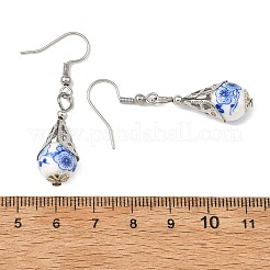 304ステンレススチールダングルイヤリング  花模様の涙  プリント柄の磁器と真鍮製のぶら下がりピアス  ゴールドカラー  ミックスカラー  39x11mm&nbsp;PR-EJEW-JE07485