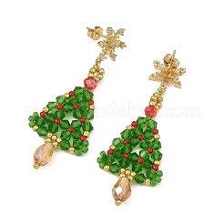 ガラスダングルピアス  女性用真鍮キュービックジルコニアスタッドピアス  クリスマスツリー  ゴールドカラー  グリーン  55x21mm&nbsp;EJEW-MZ00803