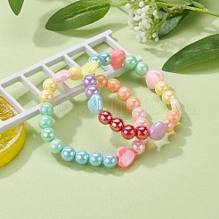子供のための不透明なアクリルビーズストレッチブレスレットセット  ハート  ミックスカラー  内径：2インチ（5.1cm）  2個/セット&nbsp;BJEW-JB06406