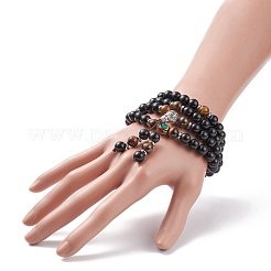 マラビーズブレスレット  ナチュラル タイガーアイ & ウッド 29-7/8 ループ ラップ ブレスレット ネックレス 女性用 合金 ひょうたん付き  ブラック  76インチ（{2}cm）&nbsp;BJEW-JB08211