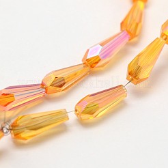 多面カットレインボーメッキティアドロップ電気メッキガラスビーズ連売り  ダークオレンジ  10x4mm  穴：1mm  約60個/連  23.6インチ&nbsp;EGLA-F104-04A