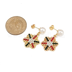 スノーフレークABSプラスチックパール＆ラインストーンスタッドピアス  クリスマス合金ダングルピアス  ゴールドカラー  34x19mm&nbsp;EJEW-JE06629