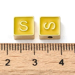304ステンレススチールエナメルビーズ  14KGP本金メッキ  文字のある正方形  文字S  8x8x4mm  穴：2mm&nbsp;STAS-L022-293G-S