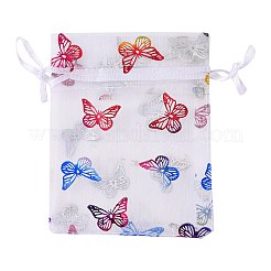 長方形プリント オーガンジー 巾着バッグ  カラフルな蝶の模様  ホワイト  12x9cm&nbsp;LS-CON-PW0001-057A