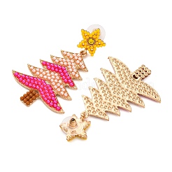 クリスマスツリーと星の合金製ダングルスタッドピアス（女性用）  316サージカルステンレスピンとプラスチックとアクリルを使用  ピンク  58x38mm&nbsp;EJEW-Z078-03C