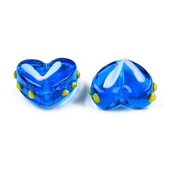 透明な手作りのでこぼこのランプワークビーズ連売り  ハート  ブルー  14.5~15.5x17~18x6.5~7.5mm  穴：1.5mm  約35個/連  19.49インチ（49.5cm）&nbsp;LAMP-T017-20-A01
