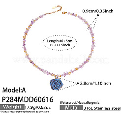 樹脂製ドライフラワーペンダント、天然アメジストチップビーズネックレス（女性用）  316L外科用ステンレス鋼製エンドチェーン付き  ゴールドカラー  スチールブルー  15.75インチ（40cm）  ペンダント：28mm&nbsp;WG04FC4-01