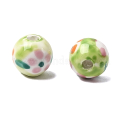手作りの陶器ビーズ  手描き  花柄ラウンド  黄緑  10mm  穴：2~2.5mm&nbsp;PORC-A034-02C