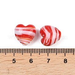 手作りランプワークビーズ  ストライプのある心  レッド  12~13x12~13x8~8.5mm  穴：1.6~1.8mm&nbsp;X-LAMP-K047-01A