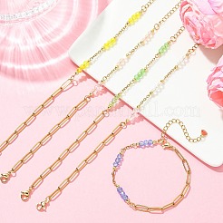 電気メッキガラスロンデルビーズリンクブレスレット  女性用304ステンレススチールアズキチェーンブレスレット  18KGP本金メッキ  ミックスカラー  7.05インチ（17.9cm）&nbsp;BJEW-JB13677