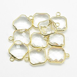 金色のトーンの真鍮ガラス正方形のペンダント  ミックスカラー  16x13x5mm  穴：2mm&nbsp;GLAA-J014A-G