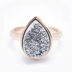 電気メッキ天然石ドゥルージークオーツクリスタル指輪  環境に優しい真鍮のパーツ  鉛フリー＆カドミウムフリー  長持ちメッキ  フラットラウンド  サイズ7  ローズゴールド本金メッキ  銀  17mm&nbsp;RJEW-I055-02RG-RS