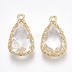 ガラスチャーム  真鍮パーツ  多面カット  ティアドロップ  ゴールドカラー  透明  19x11x5.5mm  穴：1.5mm&nbsp;GLAA-S179-18