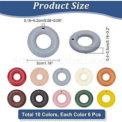 60個10色ウッドペンダント  染め  ドーナツのチャーム  ミックスカラー  30x4~5mm  穴：1.6~2mm  6個/カラー&nbsp;WOOD-NB0002-22