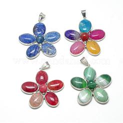 天然石瑪瑙ビッグサイズペンダントトップ  真鍮パーツ  染め  花  プラチナ  52~54x50~52x12mm  穴：9x6mm&nbsp;G-Q494-25P