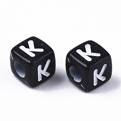 不透明なアクリルビーズ  水平穴  アルファベットスタイル  キューブ  ブラック＆ホワイト  文字.k  5x5x5mm  穴：2mm  約3650個/365g&nbsp;SACR-N002-01K