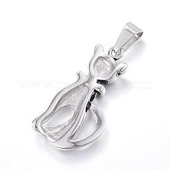 316サージカルステンレススチール子猫ペンダント  ラインストーン付き  猫の形のチャーム  アンティークシルバー  35x17.5x5mm  穴：5x8mm&nbsp;STAS-F085-07AS