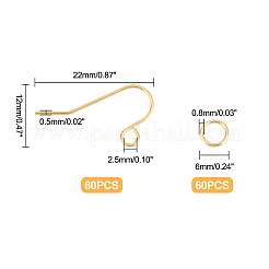 304ステンレススチールピアスフック60個  60個の丸カン付き  ゴールドカラー  22x12x0.5mm  穴：2.5mm  24ゲージ  ピン：0.5mm&nbsp;DIY-DC0001-53