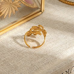 女性用304ステンレススチールオープンカフリング  花  ゴールドカラー  27mm  usサイズ7 1/4(17.5mm)&nbsp;RJEW-K296-02G
